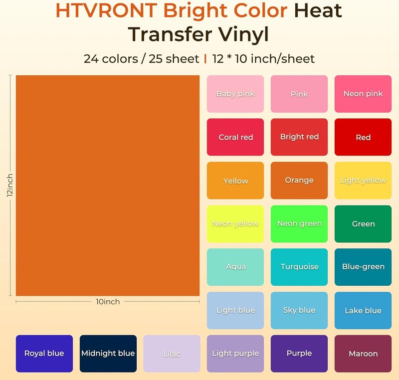 HTVRONT Bright Heat Transfer Vinyl,25 Pack 12"x10" Iron-On Vinyl for T-Shirts,24 Assorted Multi-Color HTV Vinyl for All Cutting Machine,Easy to Cut & Transfer - Image 2